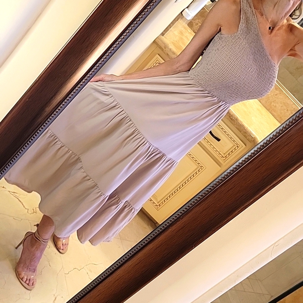 BTFBM Taupe One-shoulder Ruched Top & Flowy Tiered Bottom Summer Dress, S - Picture 5 of 14
